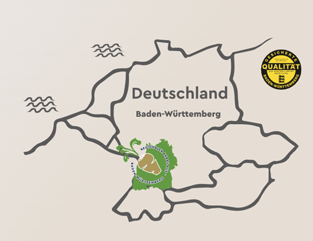 Umrisskarte Deutschlands mit hervorgehobenem Baden‑Württemberg und Qualitätssiegel