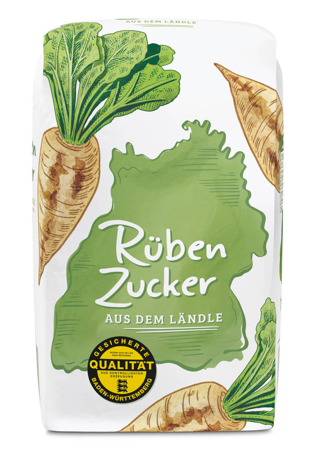 Packung Rübenzucker mit stilisierter Baden‑Württemberg‑Karte, gezeichneten Zuckerrüben und Baden‑Württemberg Qualitätssiegel